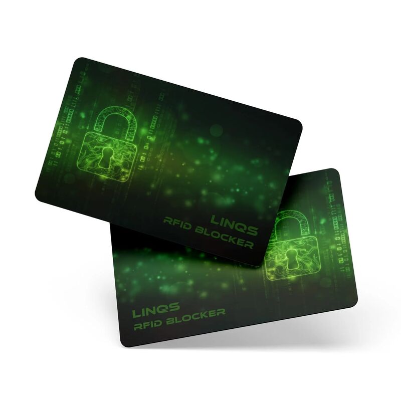 Two LINQS RFID Blocking Card 2 cards, black with a green padlock print